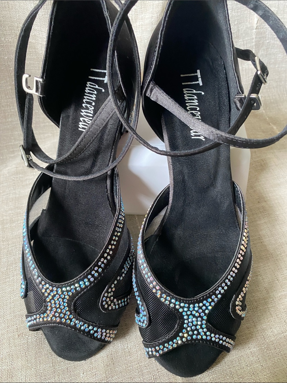 TT dancewear Black Crystal Embellished Ankle-Strap 1/2 block Heels